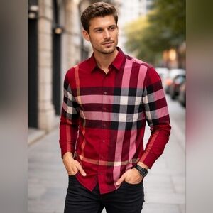 Burberry Check Stretch Cotton Poplin Shirt Red Multicolor Long Sleeve. Large